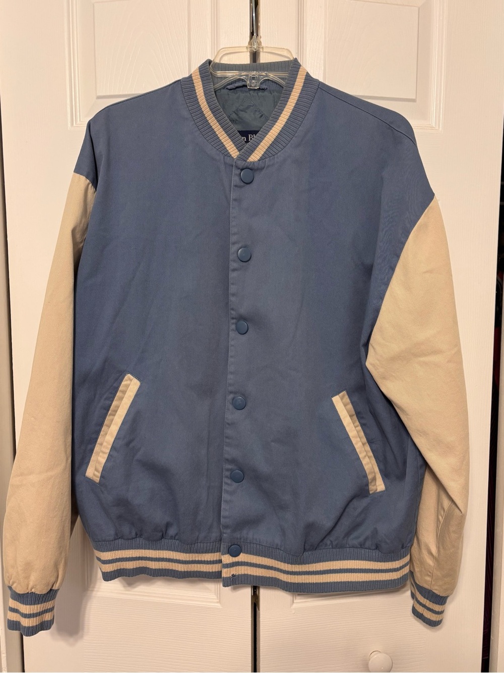 John Blair Men’s L Varsity Bomber Jacket Blue Tan Cotton Snap Front Retro Flawed